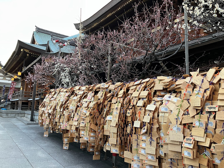 Yushima Tenjin with ema plates and plum blossoms